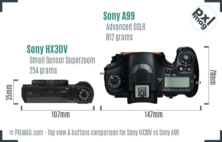Sony HX30V vs Sony A99 top view buttons comparison