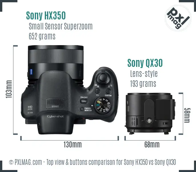 Sony HX350 vs Sony QX30 top view buttons comparison