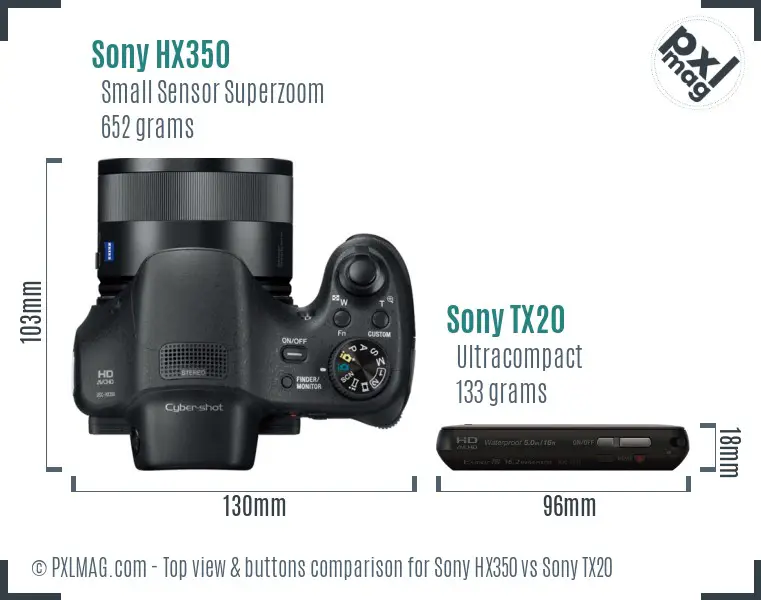 Sony HX350 vs Sony TX20 top view buttons comparison