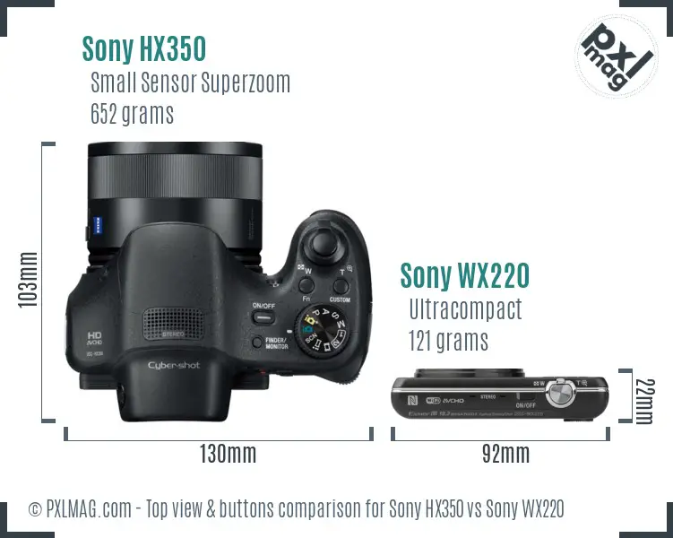 Sony HX350 vs Sony WX220 top view buttons comparison