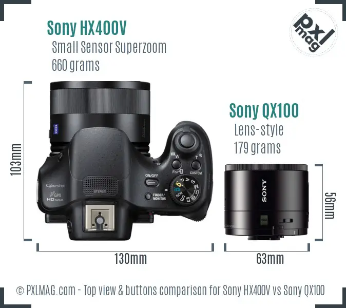 Sony HX400V vs Sony QX100 top view buttons comparison