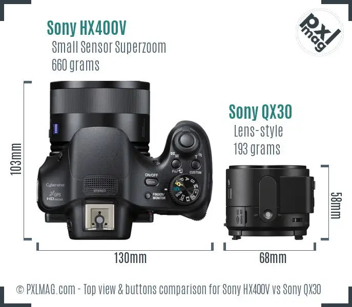 Sony HX400V vs Sony QX30 top view buttons comparison