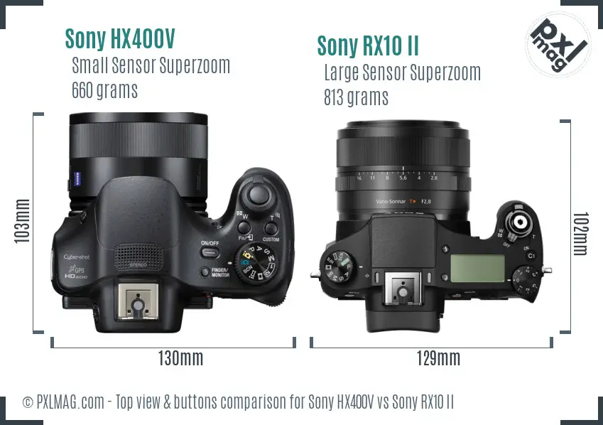 Sony HX400V vs Sony RX10 II top view buttons comparison