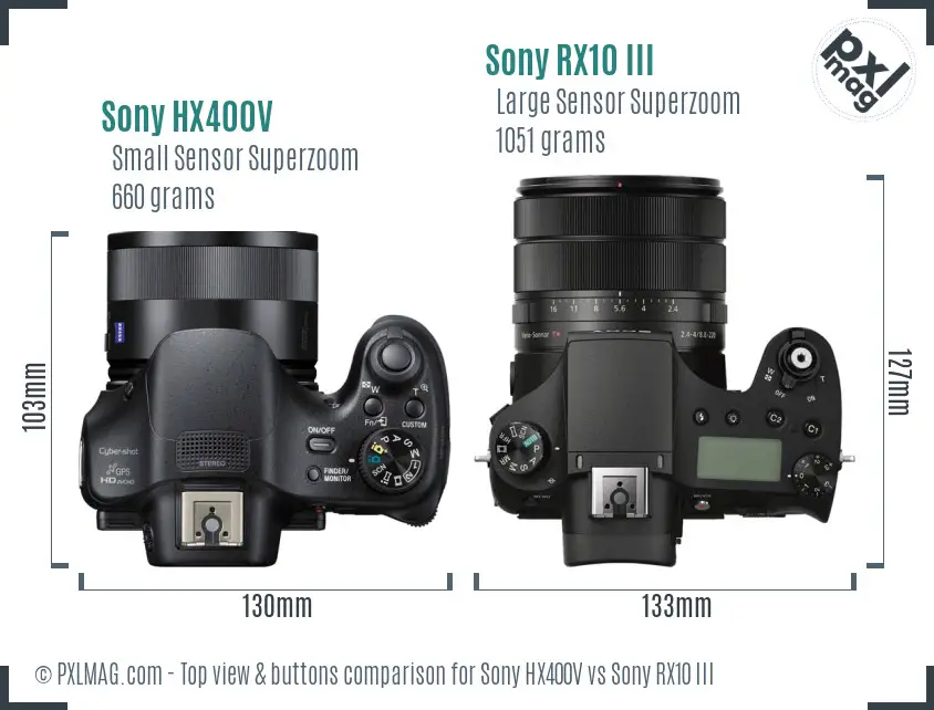 Sony HX400V vs Sony RX10 III top view buttons comparison