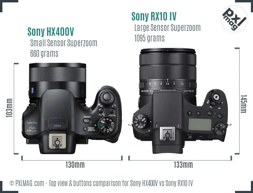 Sony HX400V vs Sony RX10 IV top view buttons comparison