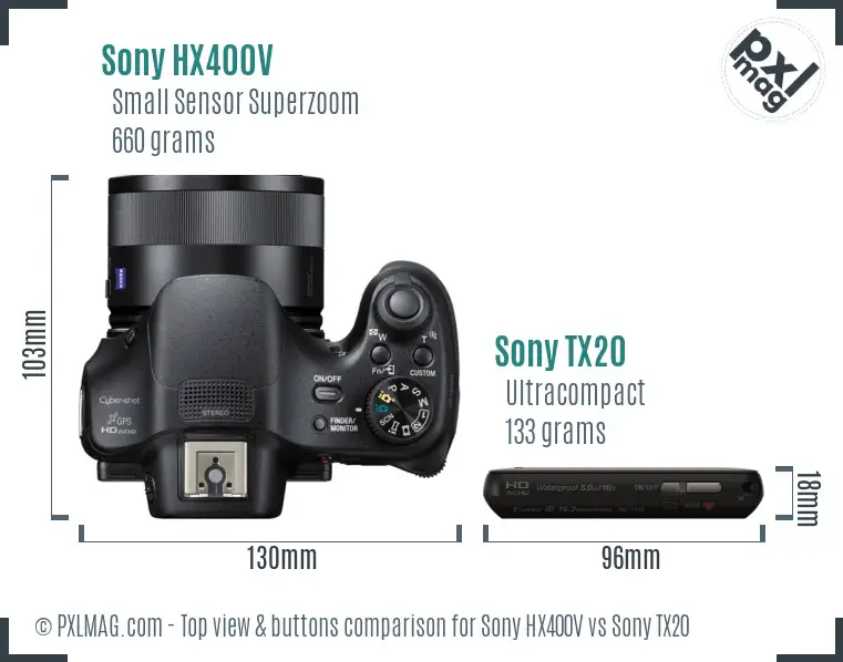 Sony HX400V vs Sony TX20 top view buttons comparison