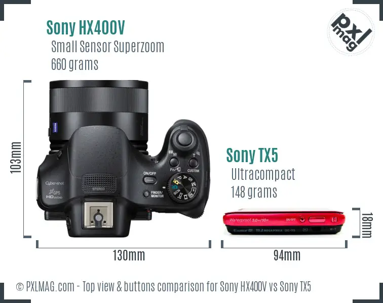 Sony HX400V vs Sony TX5 top view buttons comparison Sony HX400V vs Sony TX5 top view buttons comparison