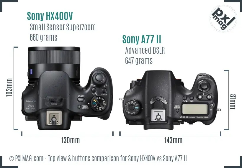 Sony HX400V vs Sony A77 II top view buttons comparison