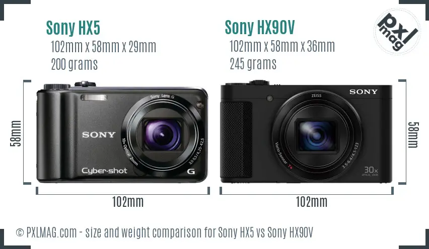 Sony HX5 vs Sony HX90V size comparison