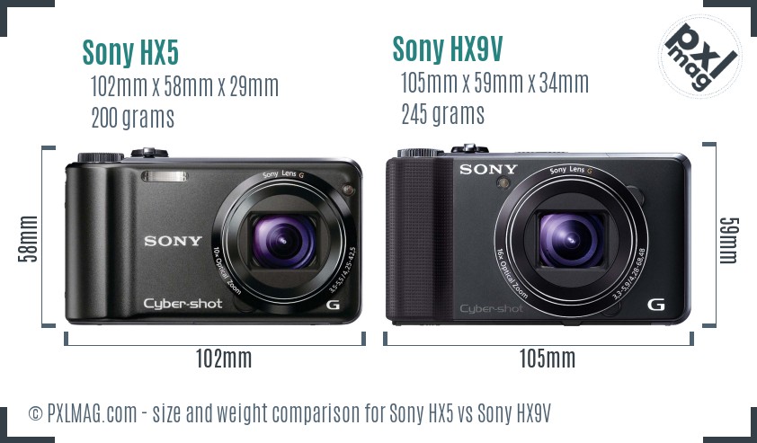 Sony HX5 vs Sony HX9V size comparison