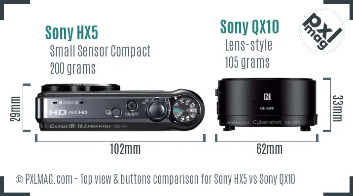 Sony HX5 vs Sony QX10 top view buttons comparison