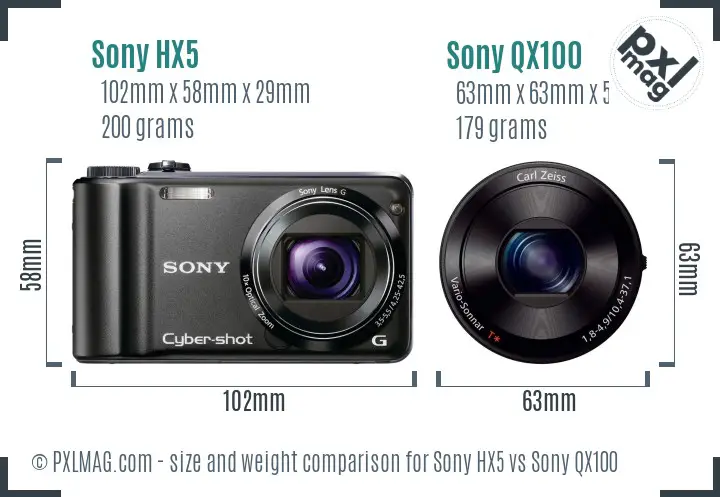 Sony HX5 vs Sony QX100 size comparison