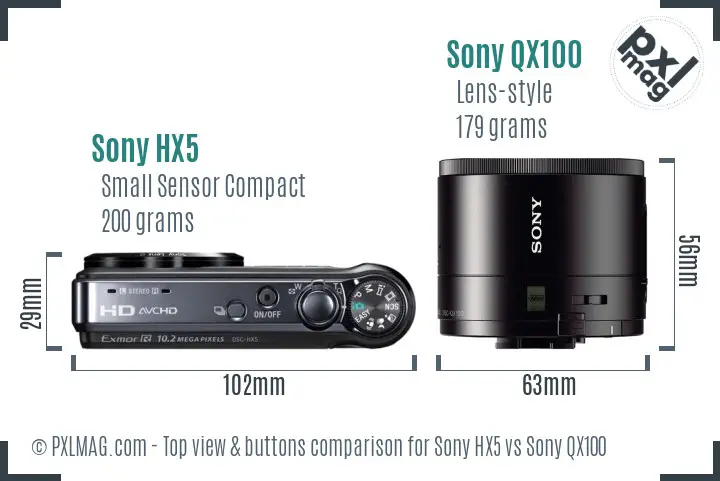 Sony HX5 vs Sony QX100 top view buttons comparison