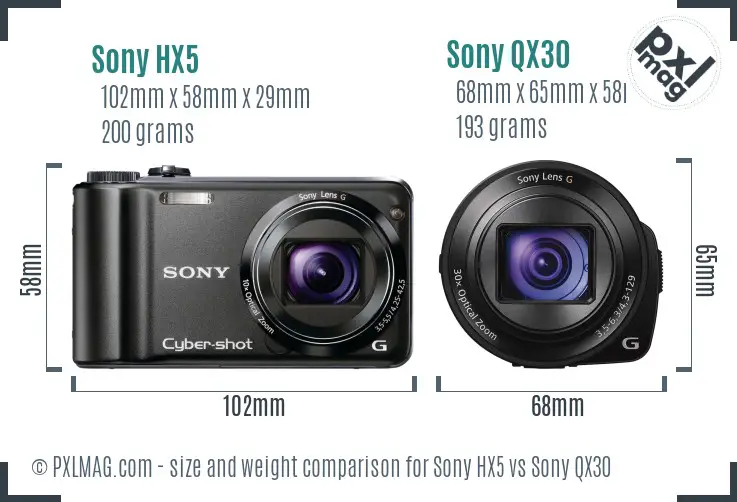 Sony HX5 vs Sony QX30 size comparison