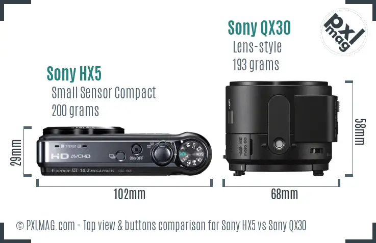 Sony HX5 vs Sony QX30 top view buttons comparison