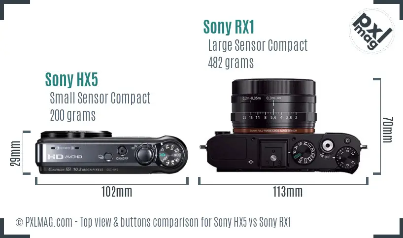 Sony HX5 vs Sony RX1 top view buttons comparison