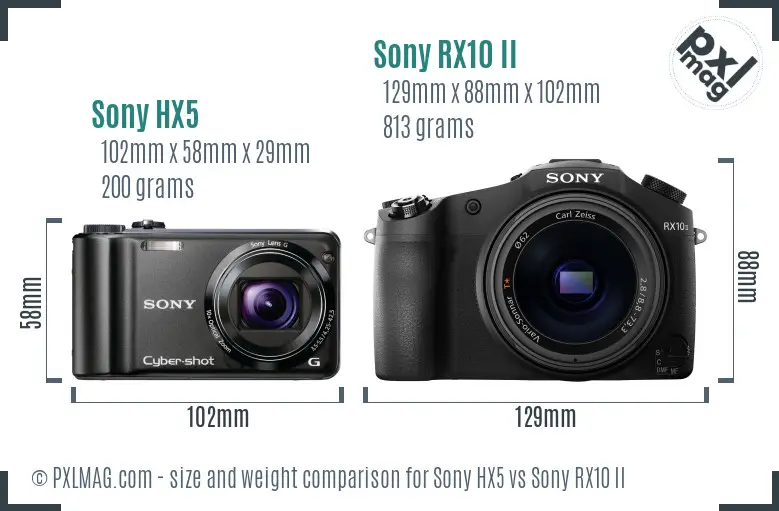 Sony HX5 vs Sony RX10 II size comparison