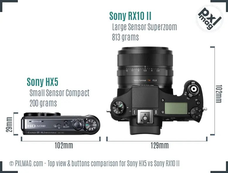 Sony HX5 vs Sony RX10 II top view buttons comparison