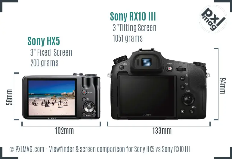 Sony HX5 vs Sony RX10 III Screen and Viewfinder comparison