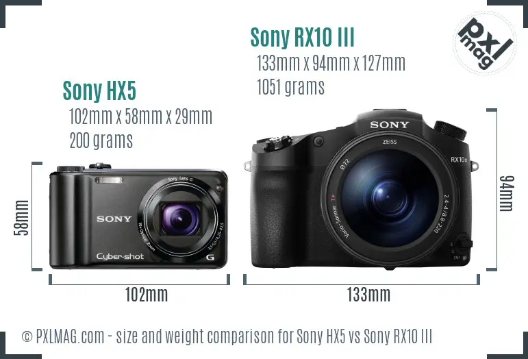 Sony HX5 vs Sony RX10 III size comparison