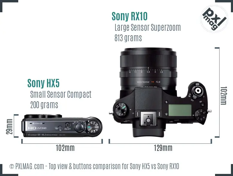 Sony HX5 vs Sony RX10 top view buttons comparison