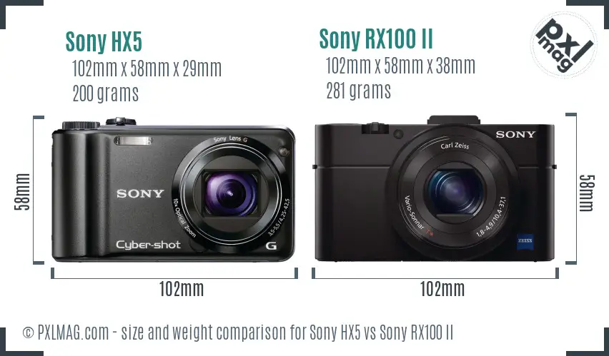 Sony HX5 vs Sony RX100 II size comparison