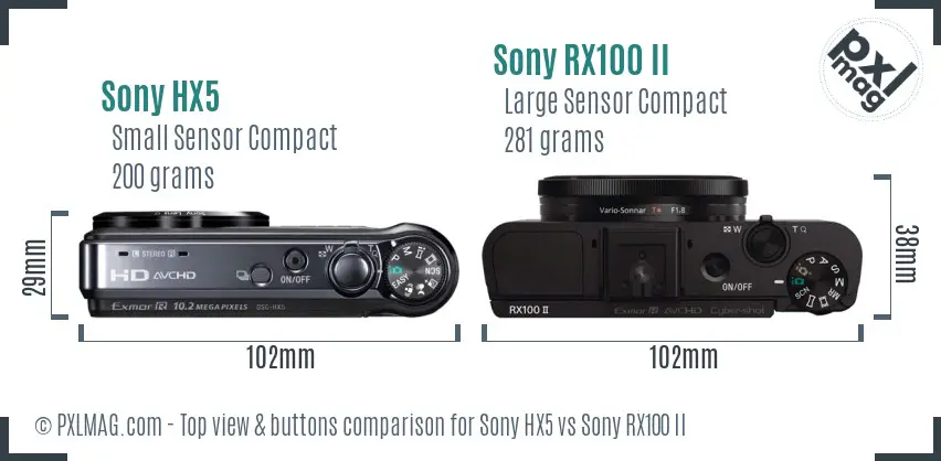 Sony HX5 vs Sony RX100 II top view buttons comparison