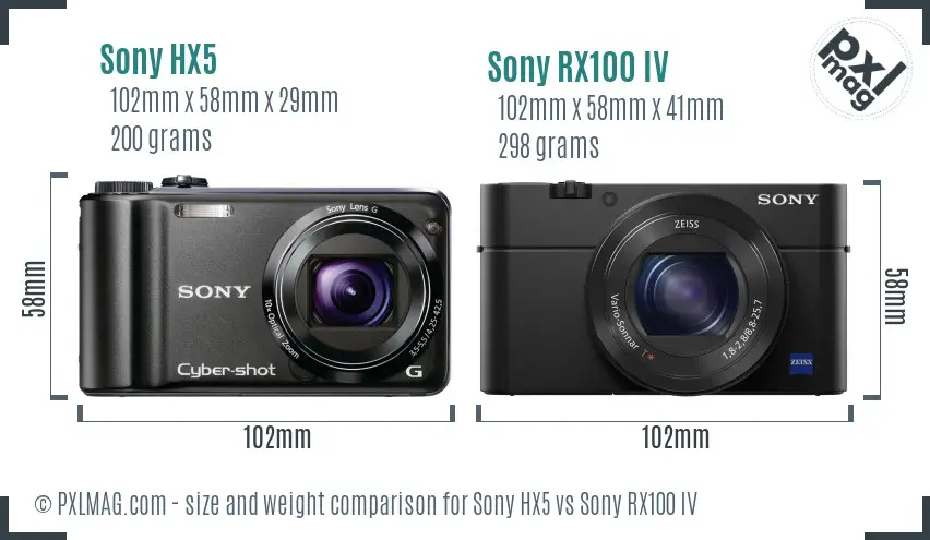 Sony HX5 vs Sony RX100 IV size comparison