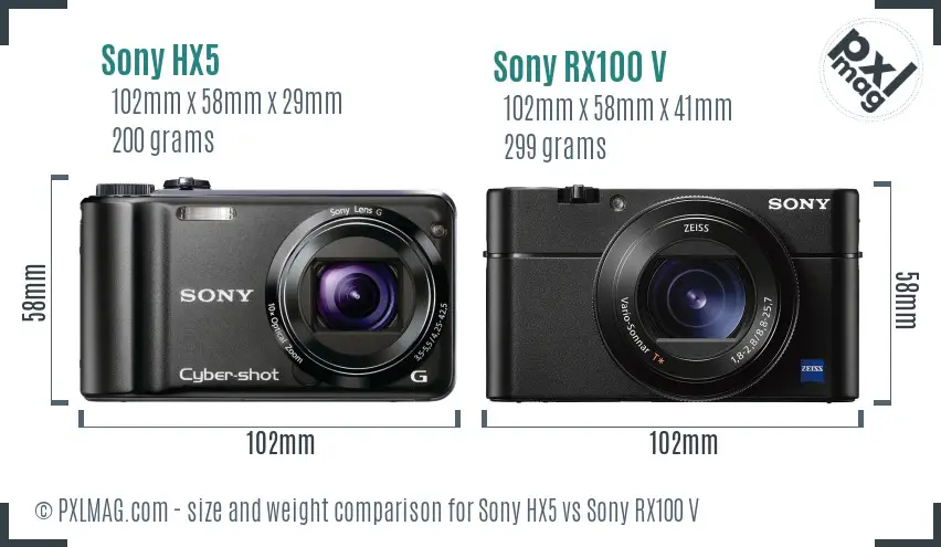 Sony HX5 vs Sony RX100 V size comparison