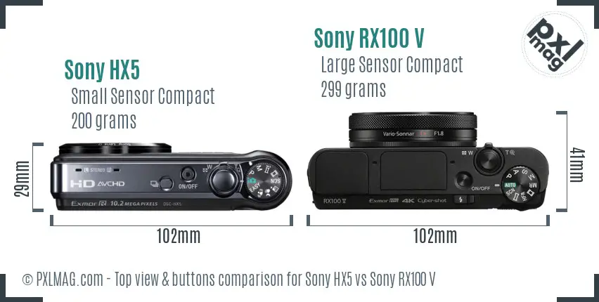 Sony HX5 vs Sony RX100 V top view buttons comparison