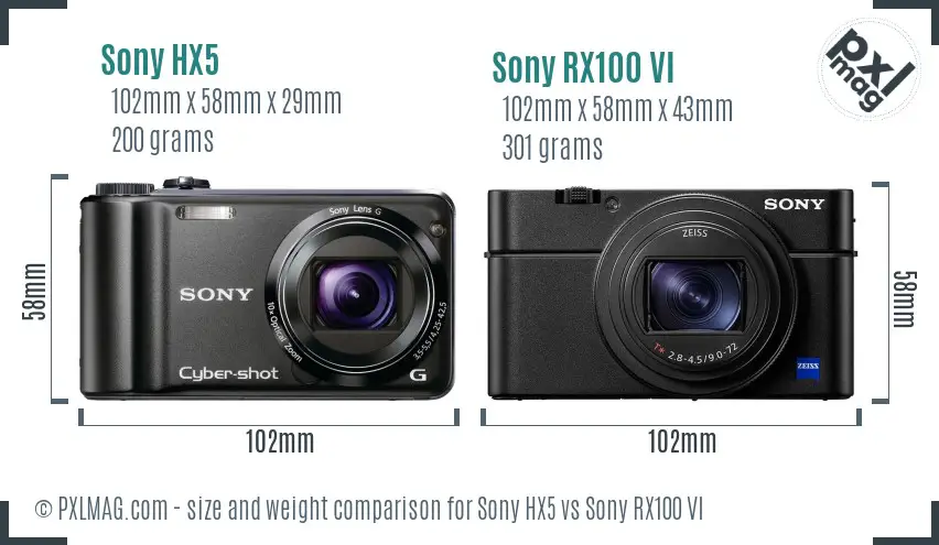 Sony HX5 vs Sony RX100 VI size comparison