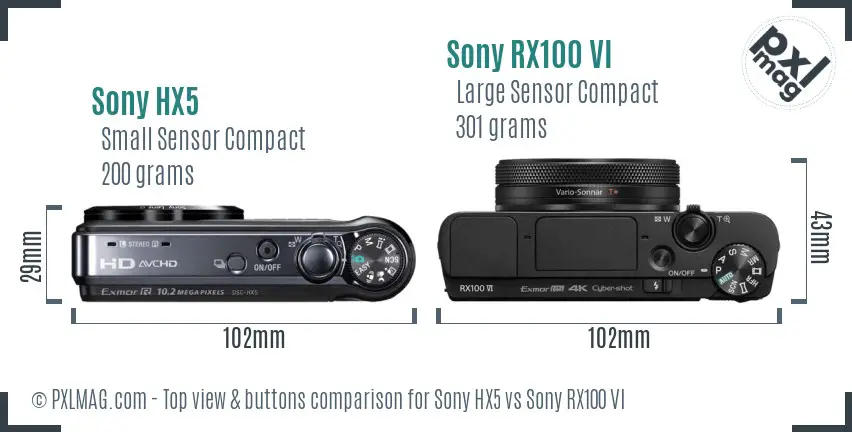 Sony HX5 vs Sony RX100 VI top view buttons comparison