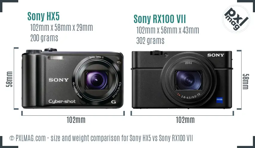 Sony HX5 vs Sony RX100 VII size comparison