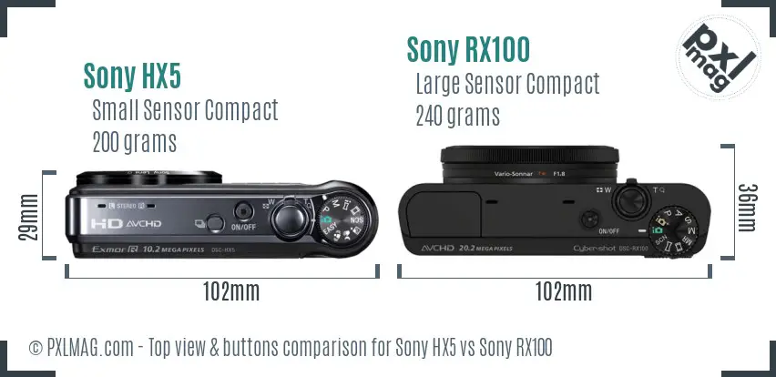Sony HX5 vs Sony RX100 top view buttons comparison