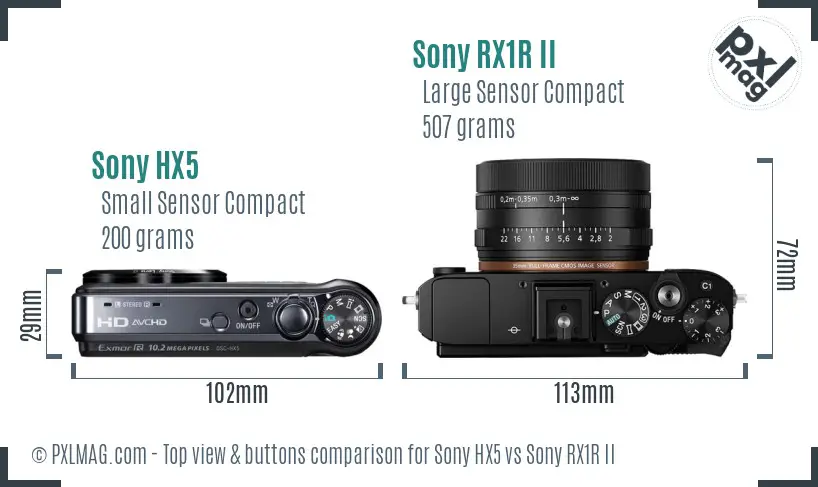 Sony HX5 vs Sony RX1R II top view buttons comparison