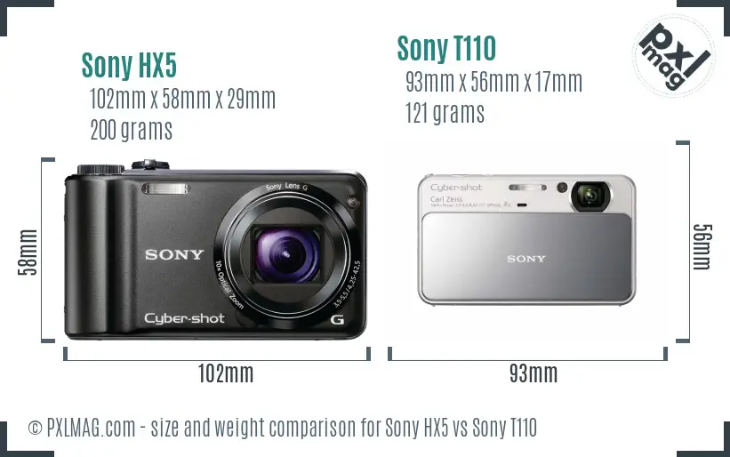 Sony HX5 vs Sony T110 size comparison