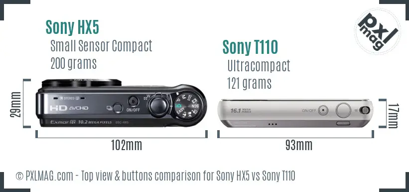 Sony HX5 vs Sony T110 top view buttons comparison