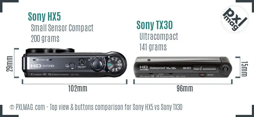 Sony HX5 vs Sony TX30 top view buttons comparison