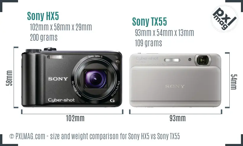 Sony HX5 vs Sony TX55 size comparison