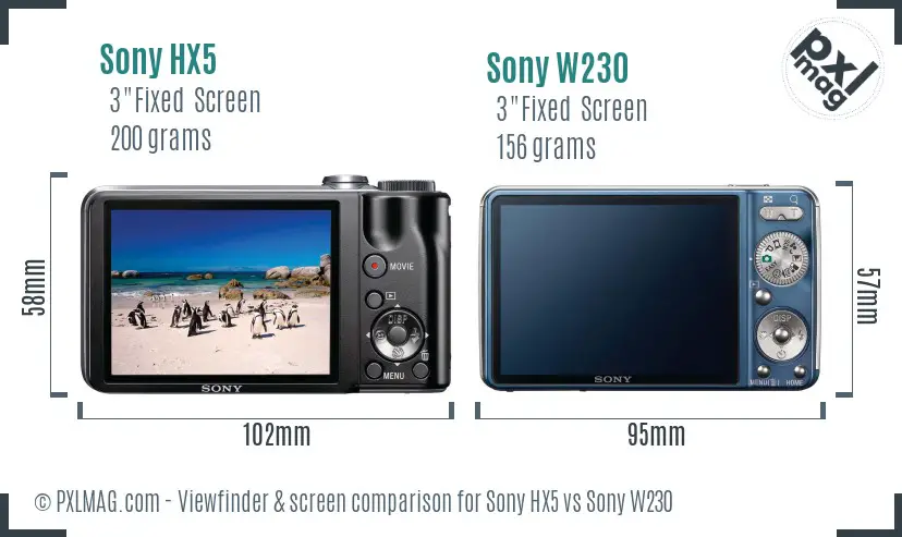 Sony HX5 vs Sony W230 Screen and Viewfinder comparison