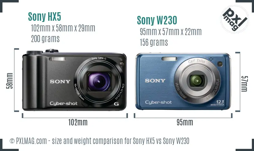 Sony HX5 vs Sony W230 size comparison