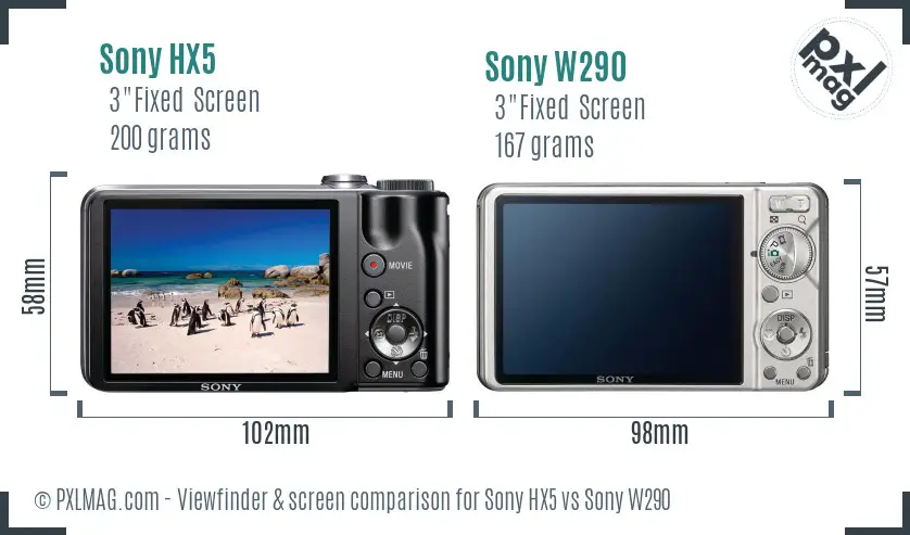 Sony HX5 vs Sony W290 Screen and Viewfinder comparison