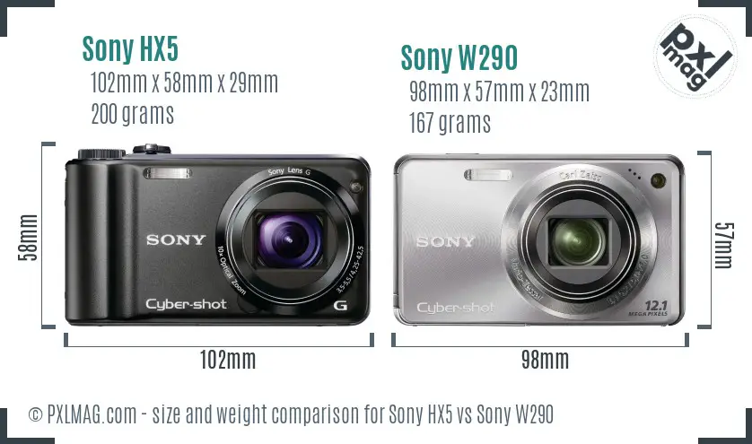 Sony HX5 vs Sony W290 size comparison