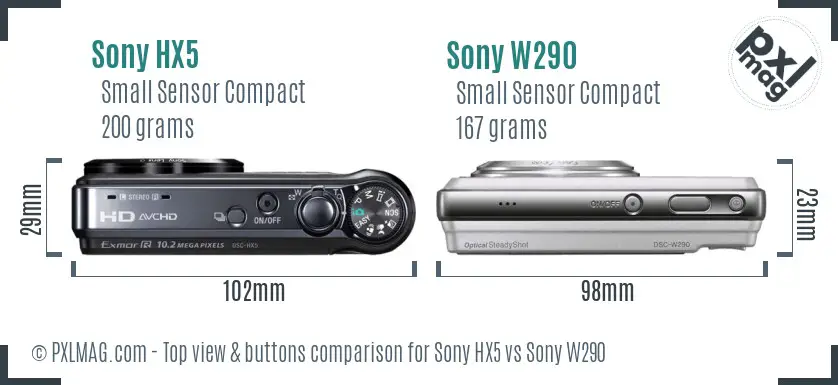 Sony HX5 vs Sony W290 top view buttons comparison
