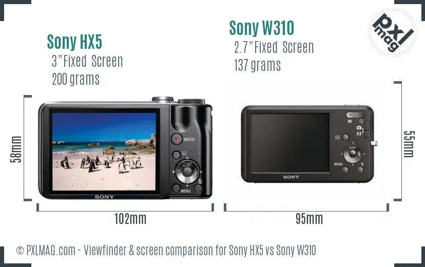 Sony HX5 vs Sony W310 Screen and Viewfinder comparison