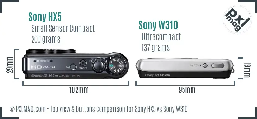 Sony HX5 vs Sony W310 top view buttons comparison