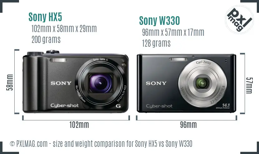 Sony HX5 vs Sony W330 size comparison