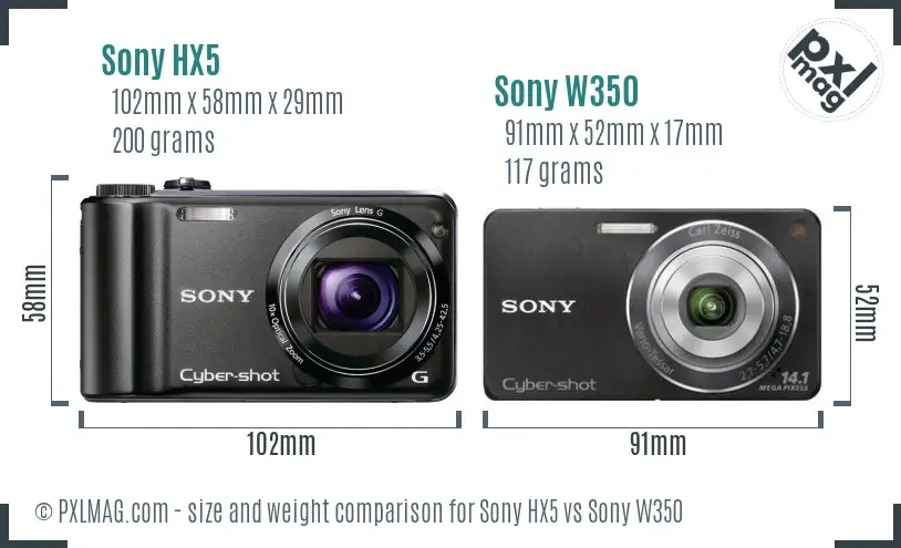Sony HX5 vs Sony W350 size comparison