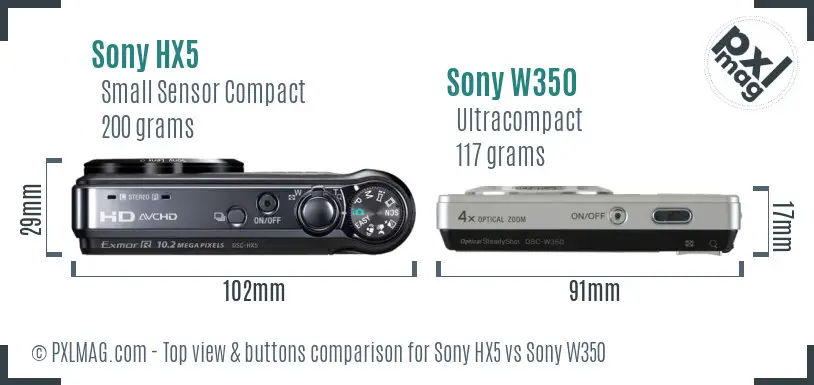 Sony HX5 vs Sony W350 top view buttons comparison