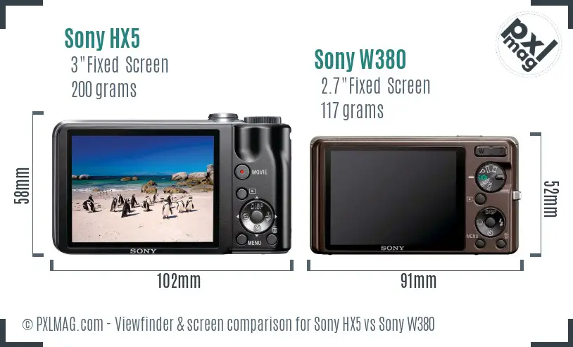 Sony HX5 vs Sony W380 Screen and Viewfinder comparison